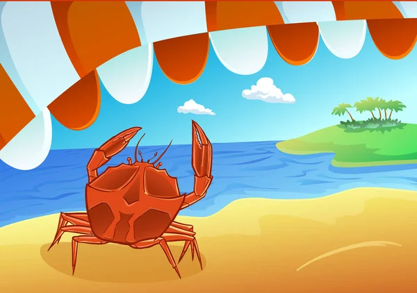 Lato ilustracja-krab na tropikalnej plaży pod parasolem — Wektor stockowy