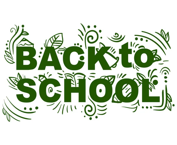 Grön dekor text tillbaka till skolan med Bell, bok, blyertspennor och Lea — Stock vektor