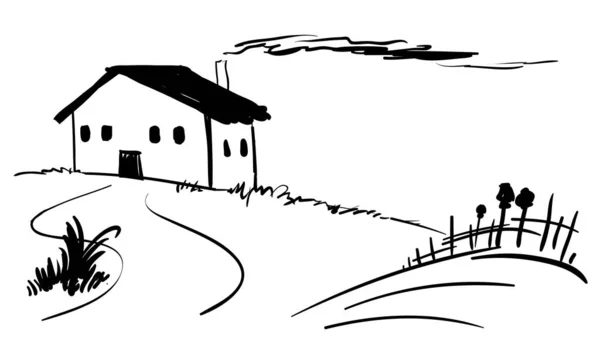 Doodle Vector Landelijke Eenzame Heuvel Huis Met Kannen Het Hek — Stockvector