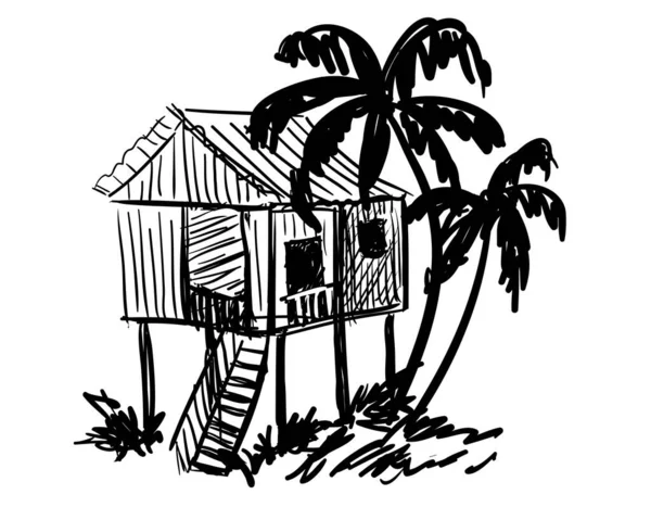 Vector Doodle Tropisches Haus Mit Palmen — Stockvektor