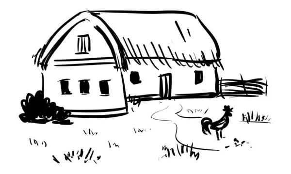 Doodle Vector Cabaña Ucraniana Con Techo Heno Patio Rural Con — Archivo Imágenes Vectoriales