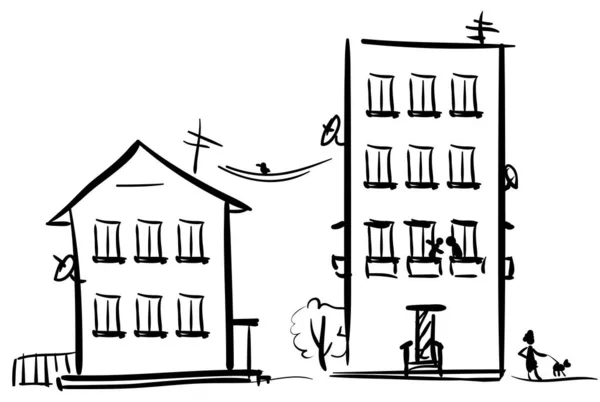 Doodle Art Bildings Calle Ciudad Con Vecinos Hablando Balcón Mujer — Vector de stock