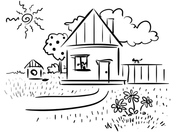 Child Drawing House Yard Dog House Cat Fence — Stock Vector