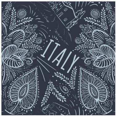Kusursuz vektör mavi desenli karalama kelimesi İtalya yapraklı çiçekler ve İtalyan evleri