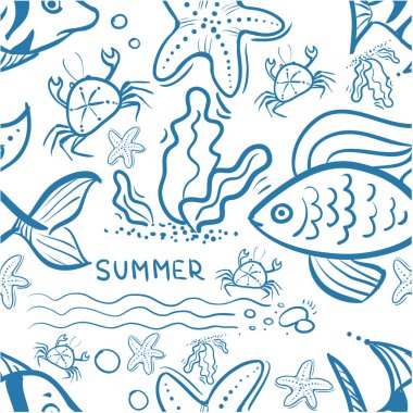 Kusursuz vektör desenli karalama mavi balıklar, yengeç, denizyıldızı, yosun ve yaz kelamı
