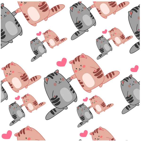 Patrón Vectorial Inconsútil Grandes Pequeños Gatos Kawaii Con Corazón Bajo — Archivo Imágenes Vectoriales