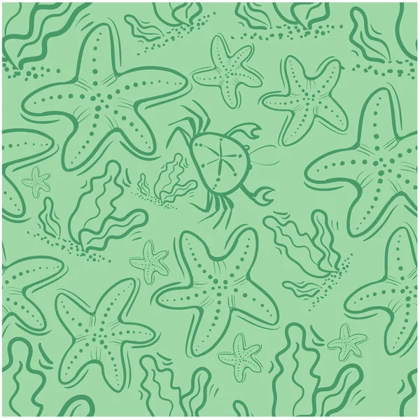 Seamless Vector Pattern Green Doodle Starfish Crab Seaweed — Stock Vector