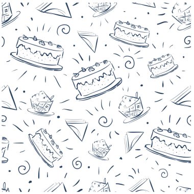 Kusursuz vektör karalaması. Tatil pastası ve farklı öğeler.