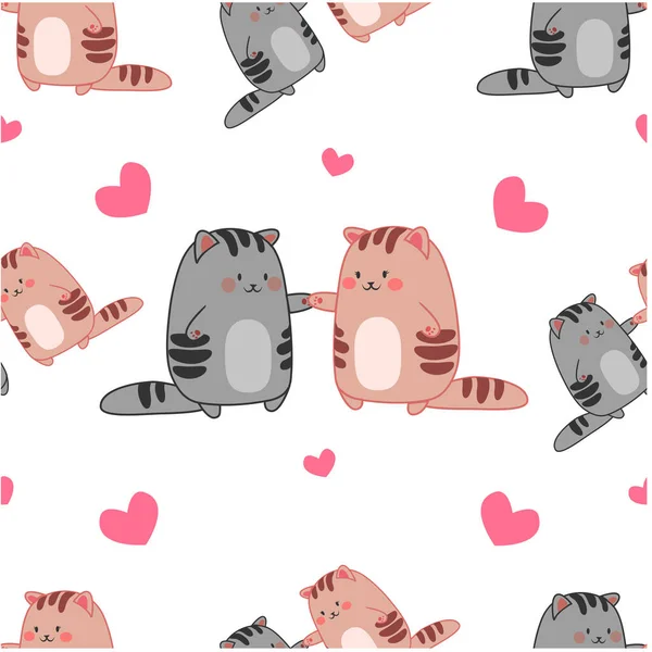 Patrón Vectorial Sin Costuras Par Kawaii Gatos Con Corazón Bajo — Vector de stock