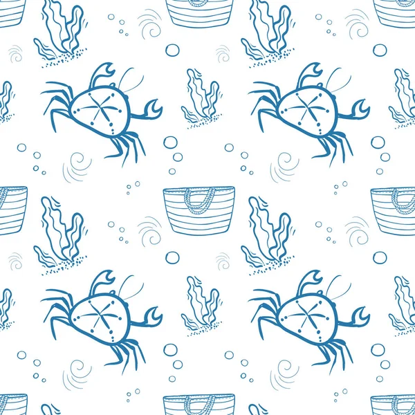 Seamless Pattern Blue Summer Bag Stripes Crab Seaweed — Stock Vector