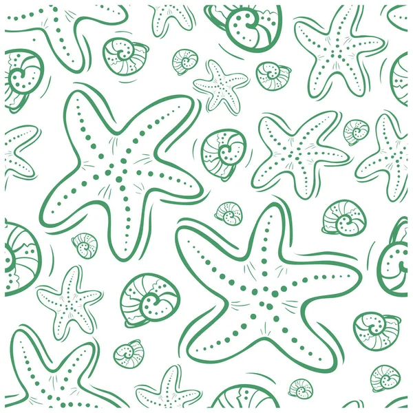 Padrão Vetor Sem Costura Doodle Estrelas Mar Verdes Conchas — Vetor de Stock