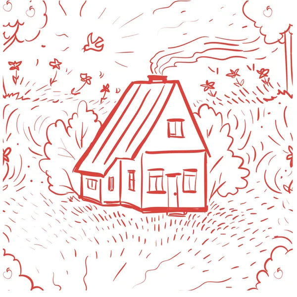 Nahtloser Vektor Rotes Muster Doodle Gemütliche Vorstadt Haus Mit Vogel — Stockvektor