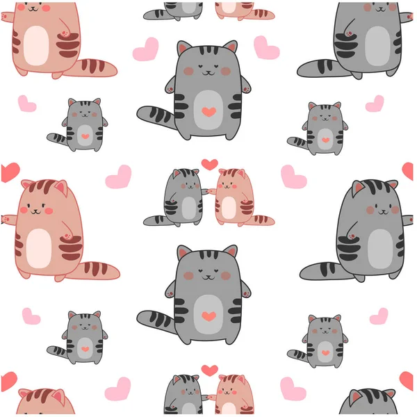 Seamless Vector Pattern Kawaii Couple Cats Lonely Cat Love — Stock Vector