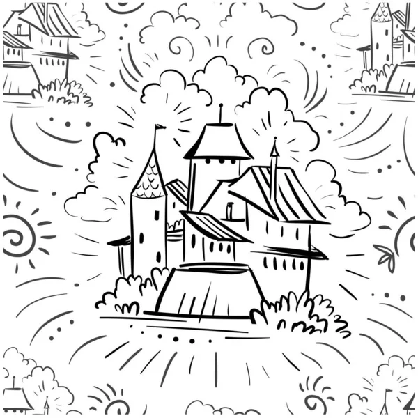 Seamless Pattern Castle Tale Doodle Castle Town — Stock Vector