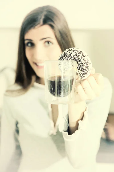 Happy Young Woman Morning Holding Donut Having Fun — Stock Photo, Image