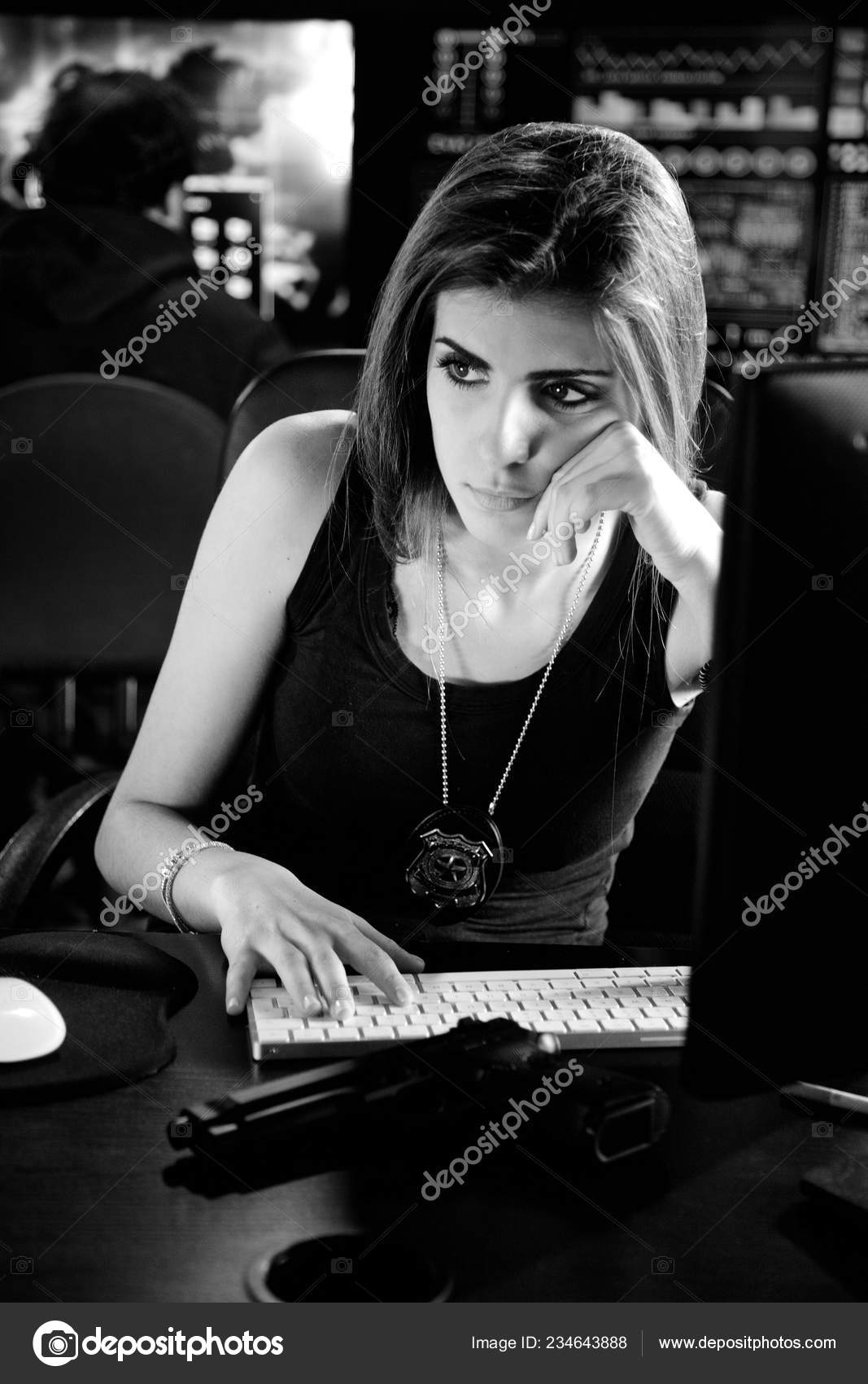 Cool Strong Female Police Woman Studying Hacker Code Cool Stock Photo cool-strong-female-police-woman-studying-hacker-code-cool-stock-photo