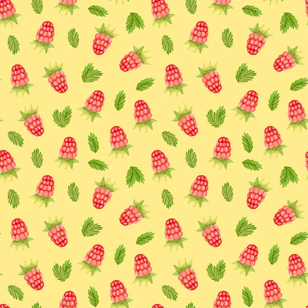 Watercolor seamless pattern -raspberries,  leaves. — Stock Photo, Image