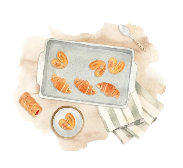 Illustration - plaque à pâtisserie avec pâtisserie fraîche, croissant, assiette , — Photo