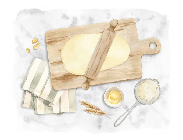 Illustration sur la cuisson - planche à découper avec pâte, rouleau à pâtisserie — Photo