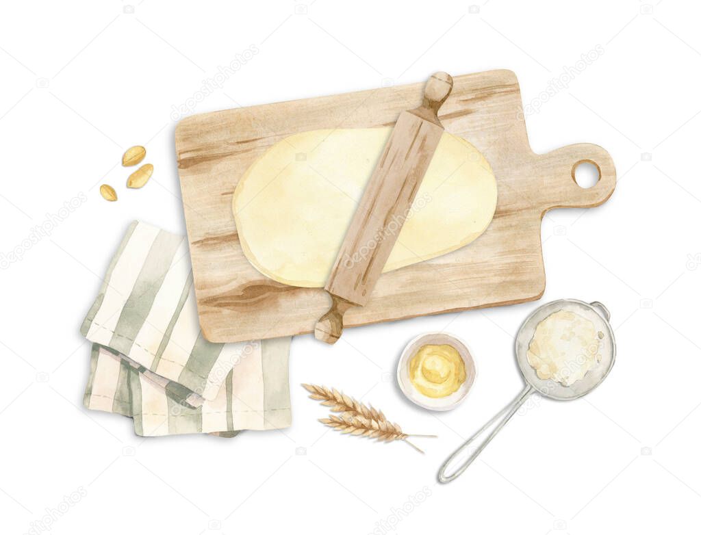 illustration about baking - cutting board with dough, rolling pin