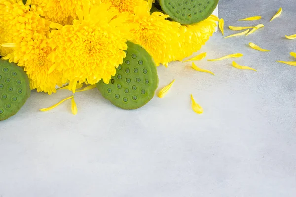 Chrysanthemum flowers, lotus seeds in pods on light background. Chinese mid-autumn festival food. — Stock Photo, Image