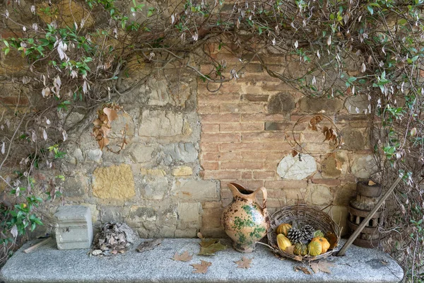 Fond d'automne. Panier avec différentes citrouilles, contre, feuilles et vase vintage. Décoration de cour. Toscane Italie — Photo