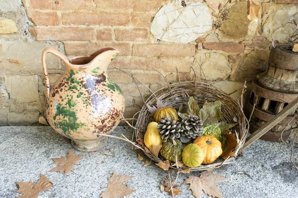 Осенний фон. Корзина с различными тыквами, минусами, листьями и винтажной вазой. Оформление двора. Тоскана, Италия — стоковое фото