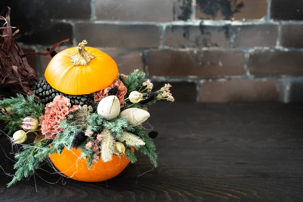 Halloween Eller Thanksgiving Baggrund Efterårssammensætning Græskar Med Spindelvæv Majs Nellikeblomst - Stock-foto