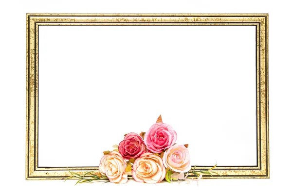 Gold Colored Wooden Frame Decorated Roses Pink Peach Amd Yellow — Stock Photo, Image