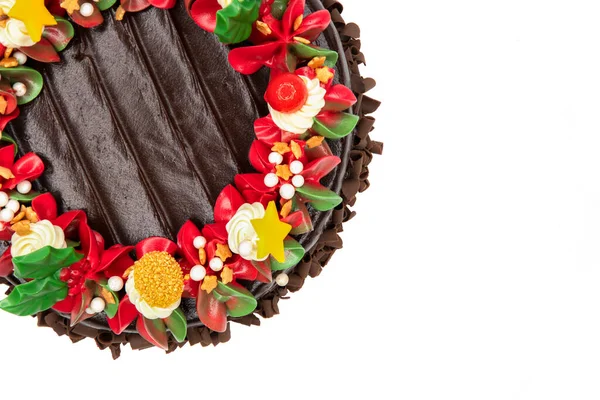 Pastel Chocolate Decorado Con Flores Hojas Rojas Blancas Verdes Apropiado — Foto de Stock