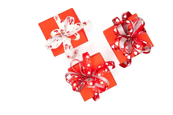 Three Beautiful Red Gift Boxes Red White Ribbons Isolated White — Stock Photo, Image