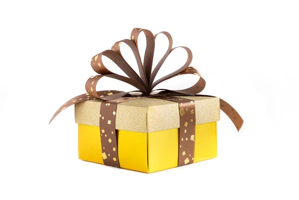 Uma Bela Caixa Presente Papel Duro Cor Dourada Com Fita — Fotografia de Stock
