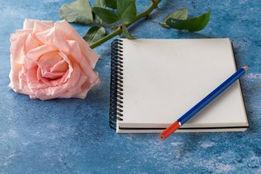 İçinde beyaz boş sayfa, mavi kalem ve pembe gül rengi olan sarmal bir defter. Mavi ve beyaz akrilik boya arka planında izole edilmiş. Boş boşluktaki şablonu düzenle.