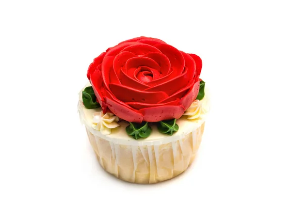 Ein Cupcake Dekoriert Mit Einer Schönen Roten Cremigen Rose Isoliert — Stockfoto
