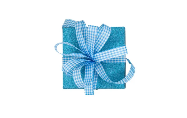 Beautiful Blue Gift Box Blue White Ribbon White Background Present — Stock Photo, Image