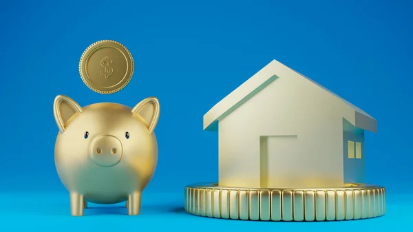 大きなコインにモデルハウスを持つ金の貯金箱の3Dレンダリングイラスト 青い色の背景 ビジネス 金融の概念 — ストック写真