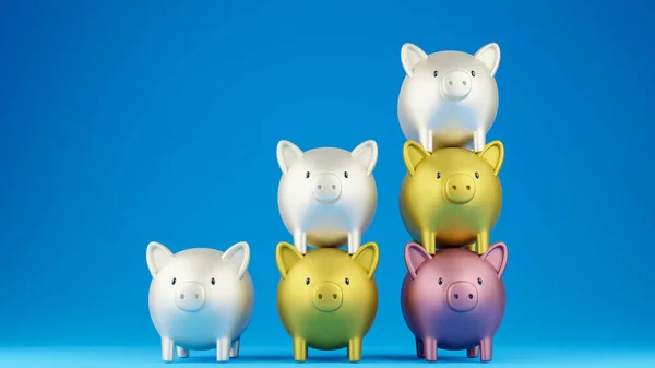 3 D rendered illustration of piggy banks in three different type of gold shaddings, white gold, metallic gold, and rose gold, in column design. Blue background. Business and finance concept.