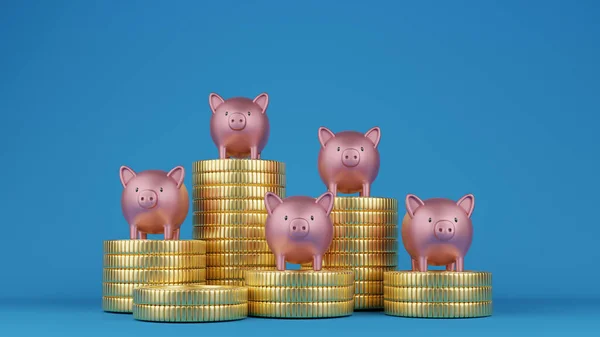 Renderização Bancos Piggy Rosa Colunas Moedas — Fotografia de Stock