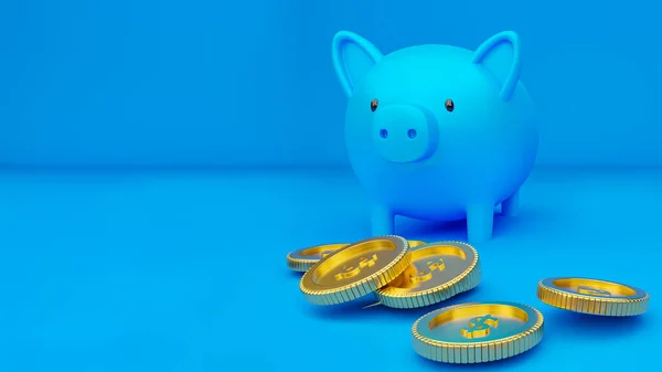 3D rendered illustration of a blue piggy bank and falling golden coins.