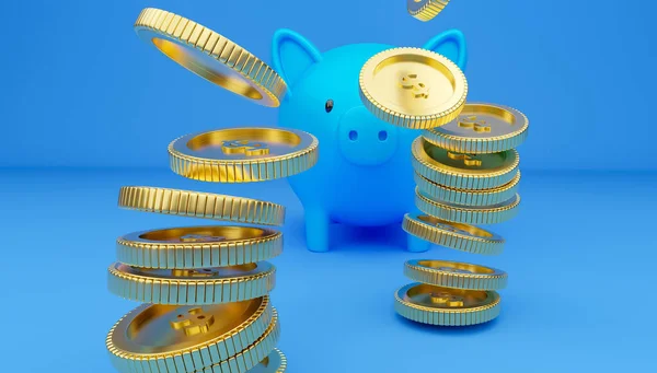 Rendered Illustration Blue Piggy Bank Falling Golden Coins — Stock Photo, Image