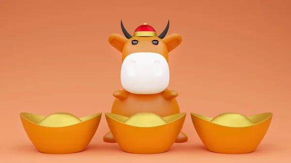 3D rendered illustration of a toy cow model wearing a red Chinese cap and sitting behind three Chinese gold nuggets. Chinese New Year concept.