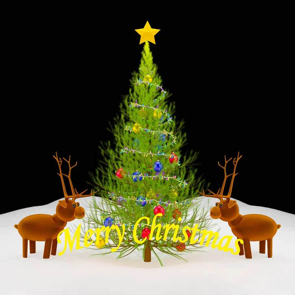 Rendered Illustration Christmas Tree Full Decorations Snow Covered Ground Two — Stock Photo, Image
