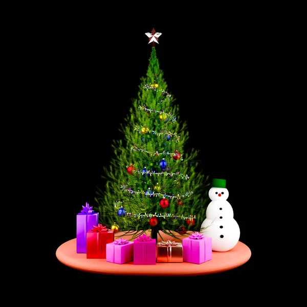 Ilustração Uma Árvore Natal Com Caixas Presente Coloridas Boneco Neve — Fotografia de Stock