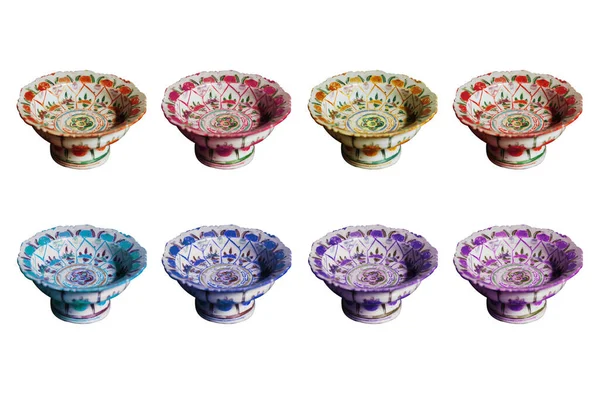 Colección Conjunto Coloridas Bandejas Pedestal China Pintadas Flores Aisladas Sobre —  Fotos de Stock