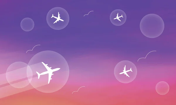 Bubble Cestování Letadlo Bílý Kouř Kontrail Ocas Bublině Barevné Pozadí — Stockový vektor