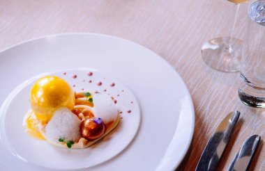 Moleküler gastronomi yaratıcılık modern mutfak, güzel yaratıcılık gıda dekorasyonu fikri.