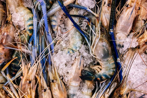 Fermer Crevettes Thaïlandaises Crues Fraîches Sur Glace Froide Dans Marché — Photo