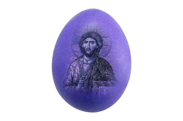 Izolacja Piękny Kształt Organiczny Niebieski Chicken Egg Wielkanocy Obraz Jezusa — Zdjęcie stockowe