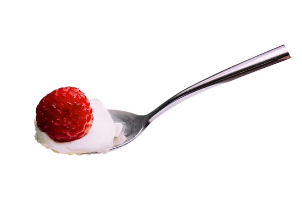 Fresh Red Raspberry Fluffy Whipped Cream Silver Spoon Isolated White — Stock Photo, Image