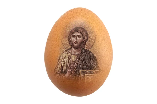Izolacja Piękny Kształt Organiczny Brązowy Kurczak Jajo Wielkanocą Obraz Jezusa — Zdjęcie stockowe